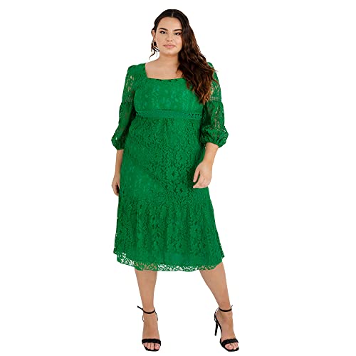 Lovedrobe Damen Womens Ladies Plus Size Green Lace Overlay Bishop Long Sleeve Midi Square Neck Curve Midi Summ Dress, Grün, 54 EU von Lovedrobe