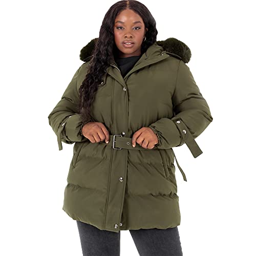 Lovedrobe Damen Womens Ladies Plus Size Jacket Quilted with Zip Pocket Waterproof Hood Belt Faux Fur Mini Length Warm Coat, Khaki, 44 von Lovedrobe