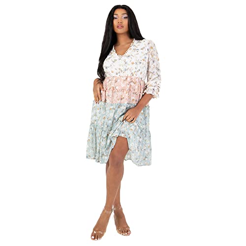 Lovedrobe Damen Womens Midi Ladies 3/4 Sleeve Lightweight Boho Floral Print Embroidered Cut-Out Pom Detail V Neckline Dress, Floral, 52 EU von Lovedrobe