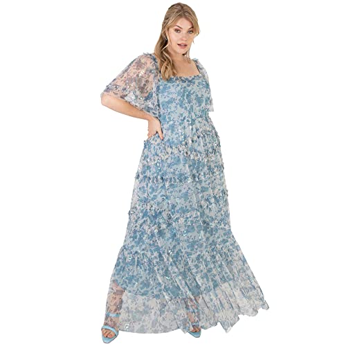 Lovedrobe Damen Womens Plus Size Maxi Dress for Ladies Short Sleeve Flutter Sleeve Ruffle Pull On High Waist Square Neckline Blue Summer Kleid, Blue, von Lovedrobe
