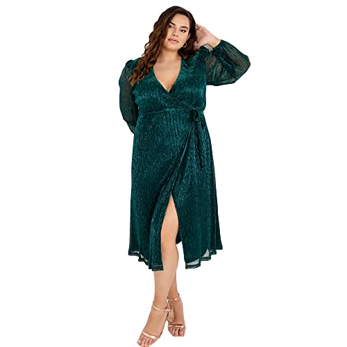 Lovedrobe Damen Womens Wrap Midi with Slit Plus Size Curve V Neckline Shimmery Long Sleeve Bishop Tie A Line Dress, Emerald Green, 48 EU von Lovedrobe