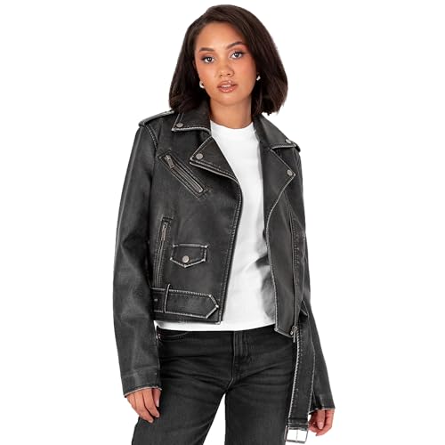 Lovedrobe Women's Biker Jacket Ladies Faux Leather Motorcycle Long Sleeve Distressed Asymmetric Zip Stud Belt Pocket Casual Coat, Schwarz 36 von Lovedrobe