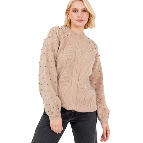 Lovedrobe Women's Cable Knit Jumper Ladies Crew Neck Sweater Long Balloon Sleeve Pearl Embellished Oversized Longline Knitwear, Camel 40-42 von Lovedrobe