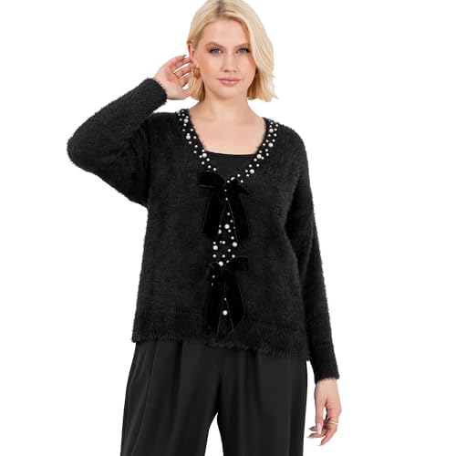 Lovedrobe Women's Cardigan Ladies Long Sleeve Pearl Embellished Velvet Bow Knitwear Smart Casual Office Wear Popper Buttons, Schwarz 36-38 von Lovedrobe