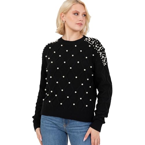 Lovedrobe Women's Crew Neck Jumper Ladies Cable Knit Long Sleeve Sweater Pearl Embellished Pullover Smart Casual Knitwear, Schwarz 36-38 von Lovedrobe