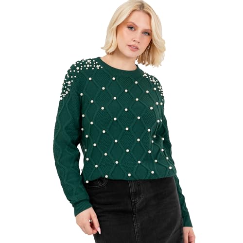 Lovedrobe Women's Crew Neck Jumper Ladies Cable Knit Long Sleeve Sweater Pearl Embellished Pullover Smart Casual Knitwear, Smaragdgrün 48-50 von Lovedrobe