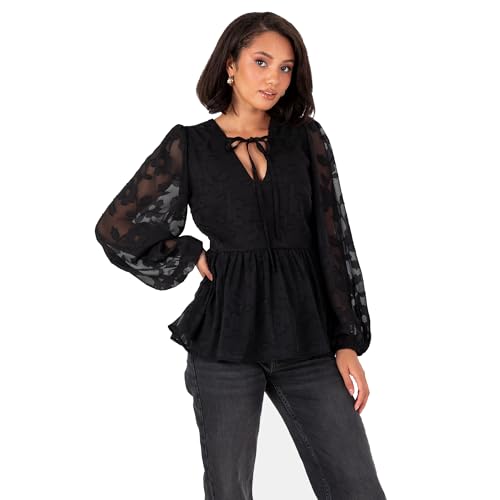 Lovedrobe Women's Floral Top Ladies Blouse Long Balloon Sleeve V-Neckline Peplum Chiffon Tie Front Smart Casual Office Wear, Schwarz 38 Lovedrobe Women's Floral Top Ladies Blouse Long Balloon Sleeve V-Neckline Peplum Chiffon Tie Front Smart Casual Office Wear, Schwarz 38 von Lovedrobe
