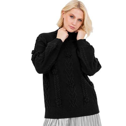 Lovedrobe Women's Jumper Ladies Cable Knit Sweater High Neck Long Balloon Sleeve Floral Appliqué Elasticated Waist Cuffs Knitwear, Schwarz 48-50 von Lovedrobe
