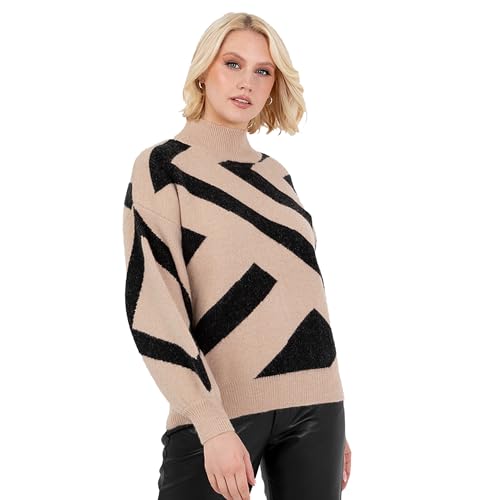Lovedrobe Women's Jumper Ladies High Neck Long Balloon Sleeve Sweater Geometric Jacquard Button Detail Casual Knitwear Pullover, Camel 40-42 von Lovedrobe
