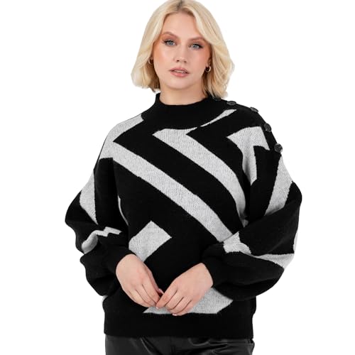 Lovedrobe Women's Jumper Ladies High Neck Long Balloon Sleeve Sweater Geometric Jacquard Button Detail Casual Knitwear Pullover, Schwarz 52-54 von Lovedrobe