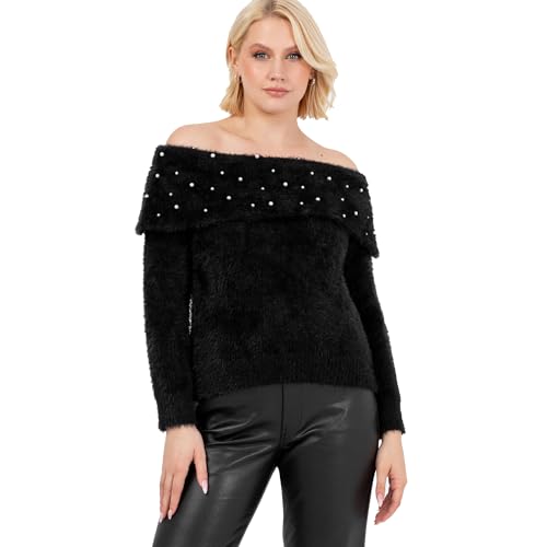 Lovedrobe Women's Jumper Ladies Sweater Off Shoulder Bardot Long Sleeve Pearl Embellished Fine Eyelash Knitwear, Schwarz 48-50 von Lovedrobe