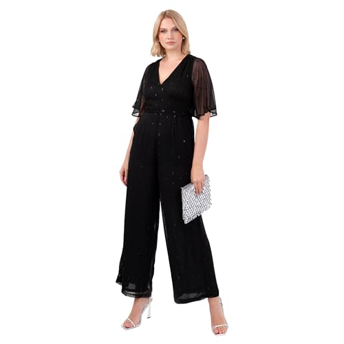 Lovedrobe Women's Jumpsuit Ladies V-neck Short Flutter Sleeve Waist Tie Clipped Spot Chiffon Evening Party Occasion Cocktail, Schwarz 52 von Lovedrobe