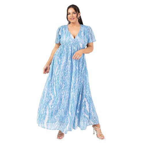 Lovedrobe Women's Ladies Maxi Dress Short Angel Sleeve V-Neck Floral Print Trim Detail Empire A-line Casual Wedding Guest Occasion Blau 52 von Lovedrobe