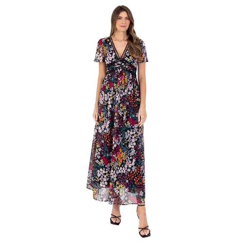 Lovedrobe Women's Ladies Maxi Dress Short Angel Sleeve V-Neck Floral Print Trim Detail Empire A-line Casual Wedding Guest Occasion Blumenmuster 46 von Lovedrobe