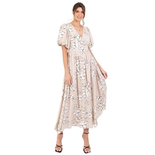 Lovedrobe Women's Ladies Maxi Dress Short Puff Sleeves V-Neckline Wrap Waist Tie A-line Evening Occasion Summer Wedding Guest Stone 36 von Lovedrobe