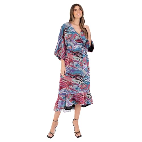 Lovedrobe Women's Ladies Maxi Dress V-Neck Kimono Half Sleeve Wrap Front High-Low Hem Abstract Print Waist Tie A-line Summer Multi 44 von Lovedrobe
