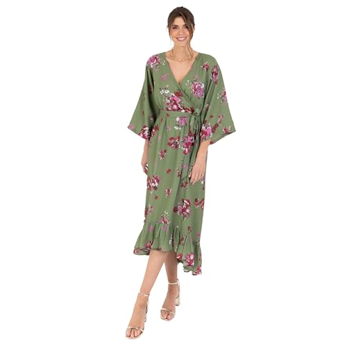 Lovedrobe Women's Ladies Maxi Dress V-Neck Kimono Half Sleeve Wrap Front High-Low Hem Floral Print Waist Tie A-line Summer Green 40 Lovedrobe Women's Ladies Maxi Dress V-Neck Kimono Half Sleeve Wrap Front High-Low Hem Floral Print Waist Tie A-line Summer Green 40 von Lovedrobe