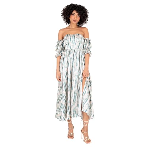 Lovedrobe Women's Ladies Midaxi Dress Bardot Off-The-Shoulder Neckline Short Ruffle Sleeve A-line Split Leg Abstract Print, Blau 42 von Lovedrobe