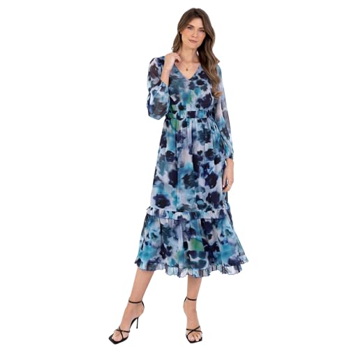 Lovedrobe Women's Ladies Midaxi Dress Long Balloon Sleeve V-Neck Tiered Ruffle Abstract Floral Print A-line Elasticated Waist Blau 44 von Lovedrobe