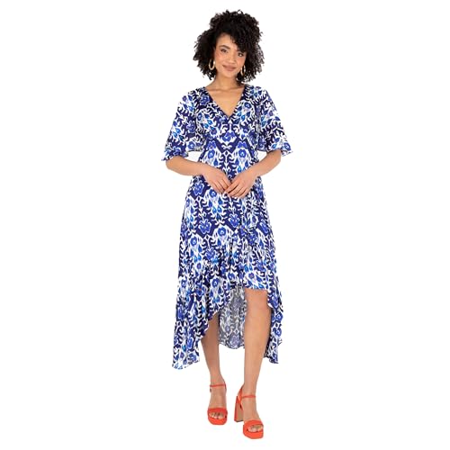 Lovedrobe Women's Ladies Midaxi Dress V-Neck Cape Sleeve Abstract Floral Print Ruffle Hi Low Hem Wrap Belted A-line, Blau 40 Lovedrobe Women's Ladies Midaxi Dress V-Neck Cape Sleeve Abstract Floral Print Ruffle Hi Low Hem Wrap Belted A-line, Blau 40 von Lovedrobe