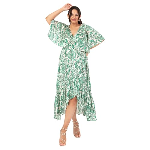 Lovedrobe Women's Ladies Midaxi Dress V-Neck Cape Sleeve Abstract Floral Print Ruffle Hi Low Hem Wrap Belted A-line Grun 54 von Lovedrobe
