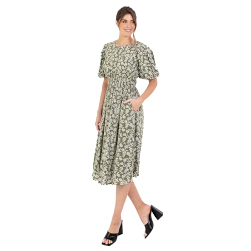 Lovedrobe Women's Ladies Midi Dress Round Neck Short Puff Sleeves Crossover Elasticated Waistband Leaf Print A-line Casual Grün 50 von Lovedrobe