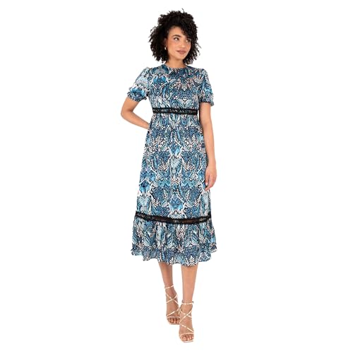 Lovedrobe Women's Ladies Midi Dress Round Neckline Short Puff Sleeve Tiered Hem Ruffle Abstract Print A-line Casual Occasion Blau 10 von Lovedrobe