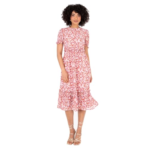 Lovedrobe Women's Ladies Midi Dress Round Neckline Short Puff Sleeve Tiered Hem Ruffle Abstract Print A-line Casual Occasion Rot 20 von Lovedrobe
