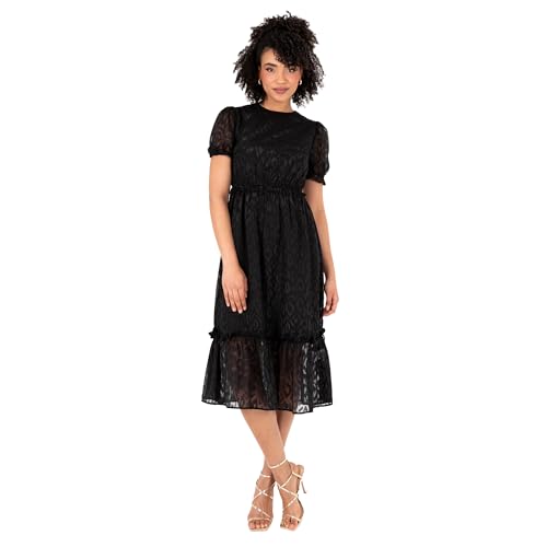 Lovedrobe Women's Ladies Midi Dress Round Neckline Short Puff Sleeve Tiered Hem Ruffle Animal Print A-line Casual Occasion Schwarz 24 von Lovedrobe