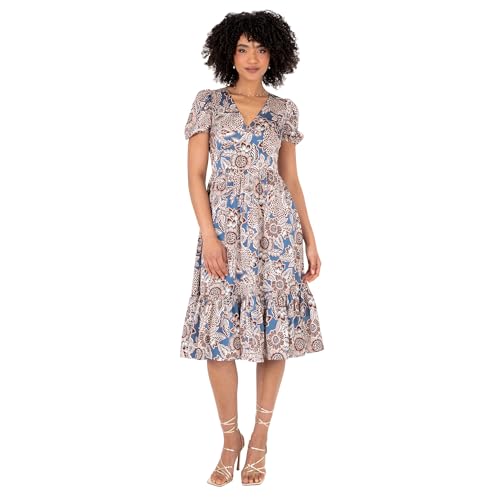 Lovedrobe Women's Ladies Midi Dress Short Puff Sleeve V-Neck Floral Print Tiered Hem Lace Trim A-line Casual Occasion Evening Grau 40 von Lovedrobe