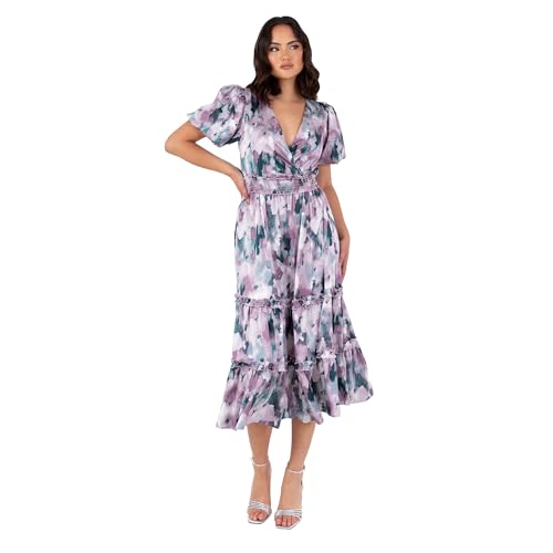 Lovedrobe Women's Ladies Midi Dress V-Neck Short Puff Sleeve Wrap Shirred Waist Floral Print Ruffle Fit and Flare Wedding Guest, Lila 46 von Lovedrobe