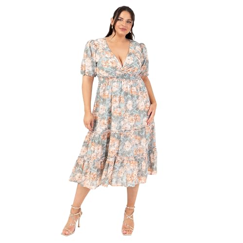 Lovedrobe Women's Ladies Midi Dress V-Neck Short Puff Sleeve Wrap Shirred Waist Floral Print Ruffle Fit and Flare Wedding Guest Apricot 50 von Lovedrobe