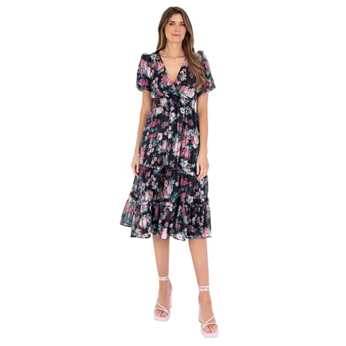 Lovedrobe Women's Ladies Midi Dress V-Neck Short Puff Sleeve Wrap Shirred Waist Floral Print Ruffle Fit and Flare Wedding Guest Schwarz 48 von Lovedrobe