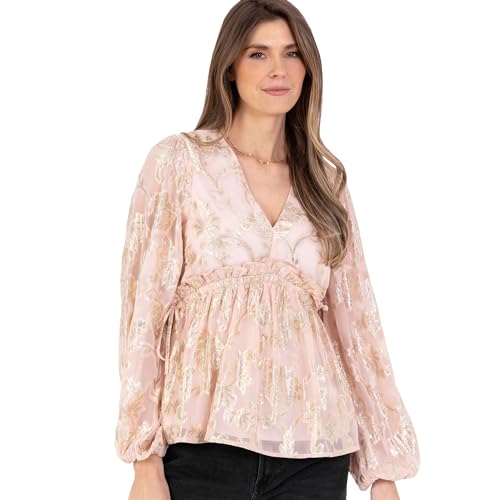 Lovedrobe Women's Ladies Peplum Top Long Sleeve V-Neckline Gold Foiled Floral Jacquard Gathered Waist Ruffle Frill Blouse Hellrosa 44 von Lovedrobe