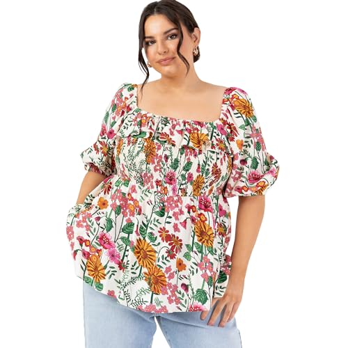 Lovedrobe Women's Ladies Peplum Top Square Neckline Short Puff Sleeves Fit and Flare Ruffles Frills Milkmaid Blouse Blumenmuster 42 von Lovedrobe