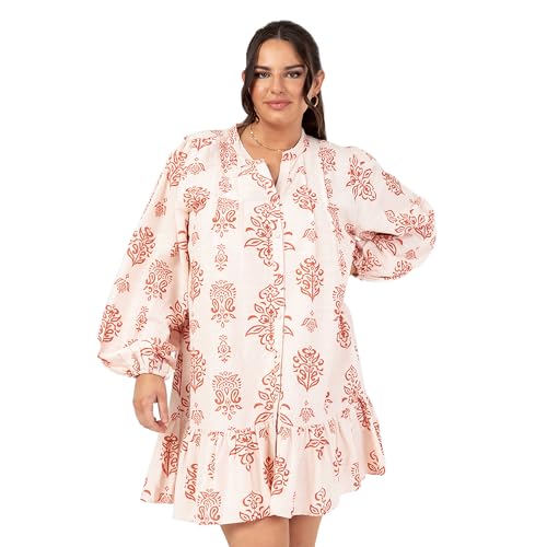 Lovedrobe Women's Ladies Shirt Dress Knee-Length Long Balloon Sleeve Collar Neck Tiered Hem Loose Button-up Floral Cotton Smock Rostrot und Elfenbein 44 von Lovedrobe