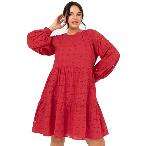 Lovedrobe Women's Ladies Smock Dress Knee-Length Round Neck Long Puff Sleeve Broderie Anglaise Smock Shift Cotton Casual Rot 44 von Lovedrobe