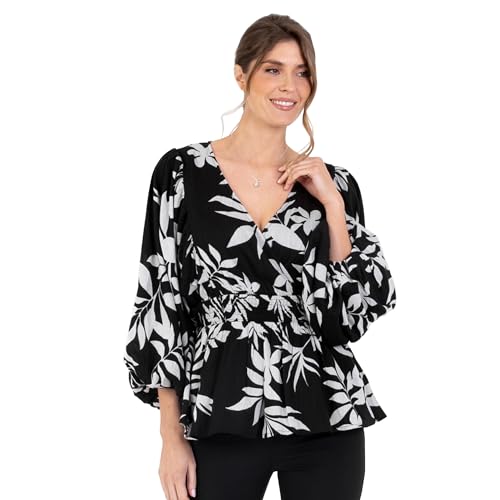 Lovedrobe Women's Ladies Wrap Top Peplum Blouse V-Neck Long Balloon Sleeve Leaf Print Fit and Flare A-line Smart Casual Monochrome 42 von Lovedrobe