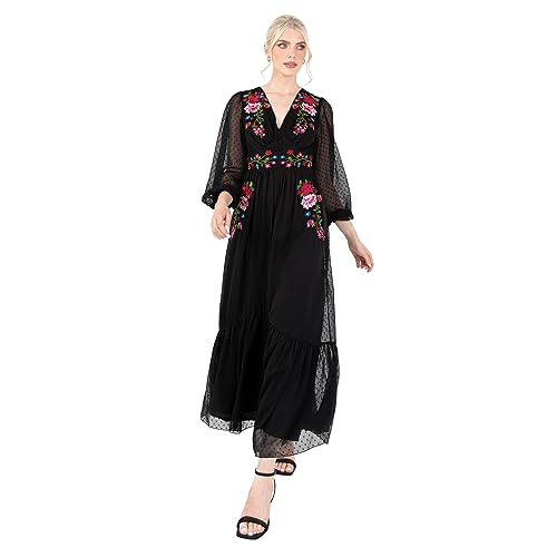 Lovedrobe Women's Maxi Dress Ladies Embroidered Long Sleeve V-Neck Floral Split Slit Sheer Embellished Button Front A-line Boho, Schwarz, 36 von Lovedrobe