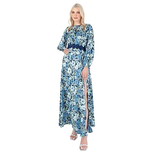 Lovedrobe Women's Maxi Dress Ladies Long Sleeve Satin Floral Lace Trim Round Crew Neck Slit Split Open Back A-line Wedding Guest, Blue, 48 von Lovedrobe