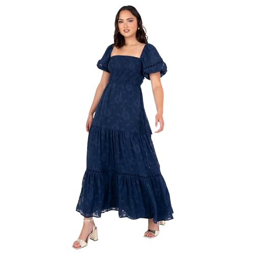 Lovedrobe Women's Maxi Dress Ladies Square Neckline Puff Sleeve Tiered Hem Floral Chiffon Shirred A-line Tie Back Milkmaid, Marineblau 42 von Lovedrobe