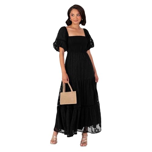 Lovedrobe Women's Maxi Dress Ladies Square Neckline Puff Sleeve Tiered Hem Floral Chiffon Shirred A-line Tie Back Milkmaid, Schwarz 38 von Lovedrobe