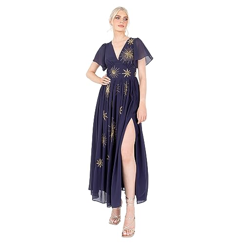 Lovedrobe Women's Maxi Dress Ladies Star Sequin Bead Embellished Flutter Sleeve V-Neck A-line Split Slit Casual for Evening Party, Marineblau, 36 von Lovedrobe