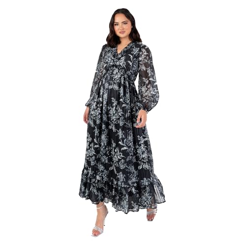 Lovedrobe Women's Maxi Dress Ladies V-Neck Long Balloon Sleeve Floral Print Ruffle Frill Keyhole Back A-line Evening Occasion, Schwarz 40 von Lovedrobe
