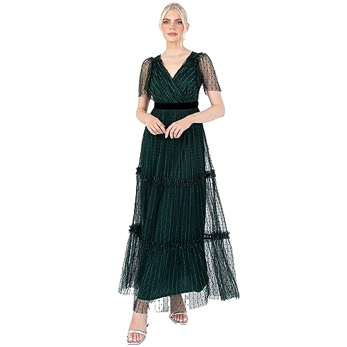 Lovedrobe Women's Maxi Dress Ladies V-Neck Short Angel Sleeve Tulle Ruffles Wrap Top Velvet Waistband for Evening Occasion Party, Green, 36 von Lovedrobe