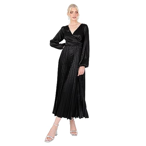 Lovedrobe Women's Midaxi Dress Ladies Black Pleated Satin Wrap V-Neckline Long Bishop Sleeve Open Back for Evening Party Occasion, Black, 42 von Lovedrobe