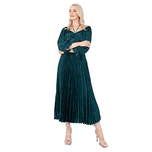 Lovedrobe Women's Midaxi Dress Ladies Emerald Green Pleated Empire A-Line High Waist Tie Neck Wedding Guest Cocktail Evening Prom, Emerald Green, 18 von Lovedrobe