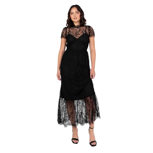 Lovedrobe Women's Midaxi Dress Ladies Lace Short Flutter Sleeve Round Neck Tiered Hemline A-line Evening Occasion, Schwarz 52 von Lovedrobe