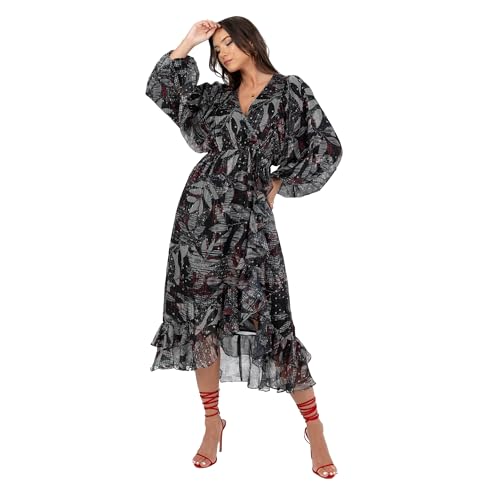Lovedrobe Women's Midaxi Dress Ladies Long Balloon Sleeve V-Neck Faux Wrap Ruffle Frilly for Wedding Guest Party Occasion Casual, Black, 52 Lovedrobe Women's Midaxi Dress Ladies Long Balloon Sleeve V-Neck Faux Wrap Ruffle Frilly for Wedding Guest Party Occasion Casual, Black, 52 von Lovedrobe