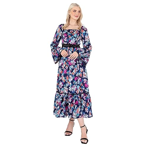 Lovedrobe Women's Midaxi Dress Ladies Long Bell Sleeve Square Neck Empire A-line Ruffle Boho Floral Flowy for Wedding Guest Casual, Marineblau, 42 von Lovedrobe